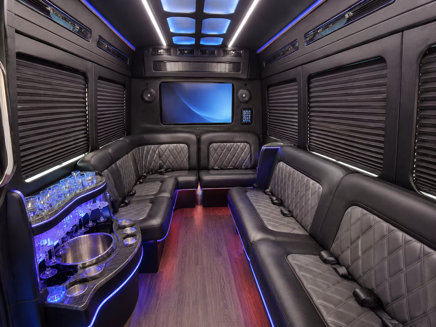 aurora 18 passenger party bus interior